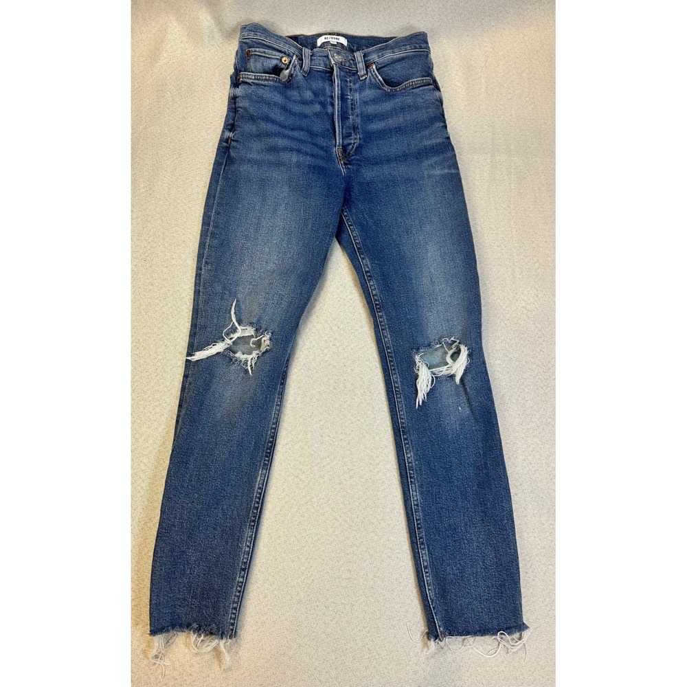 RE/DONE High Rise Ankle Crop Jeans Dusk Destroy Distressed Raw Hem Size 26